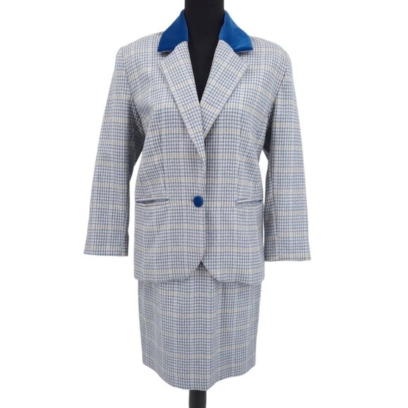 Vintage Dresses & Skirts - VTG 80s Blue Gray Houndstooth Wool Blazer Skirt Suit Set S Velvet Collar Buttons